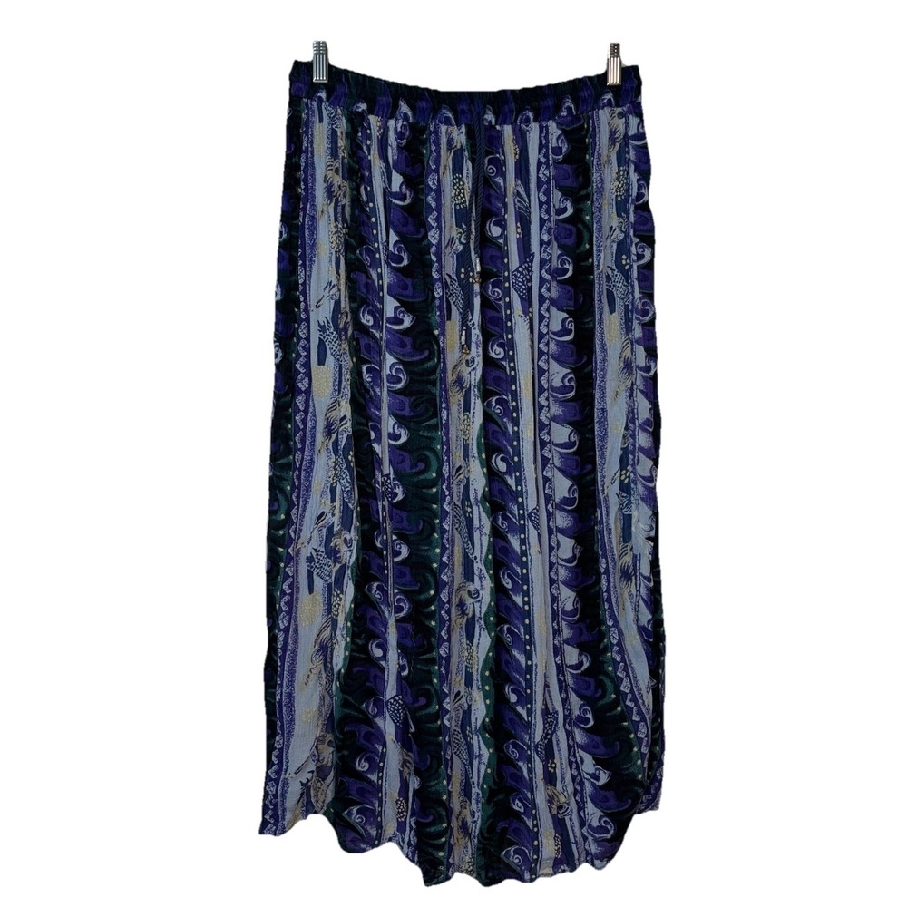 Y2K Lindor Maxi Skirt Womens L Boho Stripe Black Blue Hippie Bell Waist‎ Tie